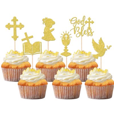 24 PCS Girl God Bless and Baptism Cupcake Toppers Glitter Dove Chalice Bible Cross Cupcake Picks First Communion Christian Baptism Theme Baby Shower Girls Birthday Party Cake Decorations Gold