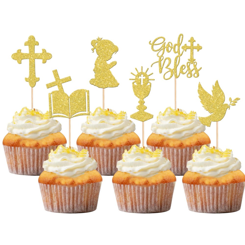 24 PCS Girl God Bless and Baptism Cupcake Toppers Glitter Dove Chalice Bible Cross Cupcake Picks First Communion Christian Baptism Theme Baby Shower Girls Birthday Party Cake Decorations Gold