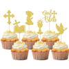 24 PCS Girl God Bless and Baptism Cupcake Toppers Glitter Dove Chalice Bible Cross Cupcake Picks First Communion Christian Baptism Theme Baby Shower Girls Birthday Party Cake Decorations Gold view 1