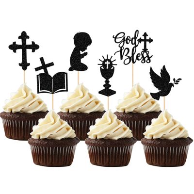 24 PCS Boy God Bless and Cross Cupcake Toppers Glitter Dove Chalice Bible Baptism Cupcake Picks First Communion Christian Baptism Theme Baby Shower Boys Birthday Party Cake Decorations Black