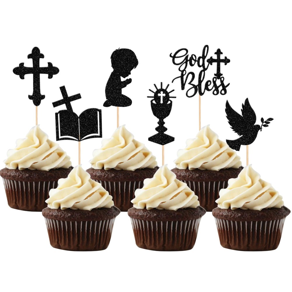 24 PCS Boy God Bless and Cross Cupcake Toppers Glitter Dove Chalice Bible Baptism Cupcake Picks First Communion Christian Baptism Theme Baby Shower Boys Birthday Party Cake Decorations Black