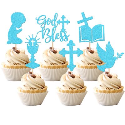 24 PCS Boy God Bless Cupcake Toppers Glitter Dove Chalice Bible Cross Cupcake Picks First Communion Christian Baptism Theme Baby Shower Boys Birthday Party Cake Decorations Supplies Blue
