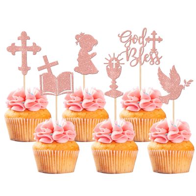 24 PCS Girl God Bless and Baptism Cupcake Toppers Glitter Dove Cross Cupcake Picks First Communion Christian Baptism Theme Baby Shower Girls Birthday Party Cake Decorations Supplies Rose Gold