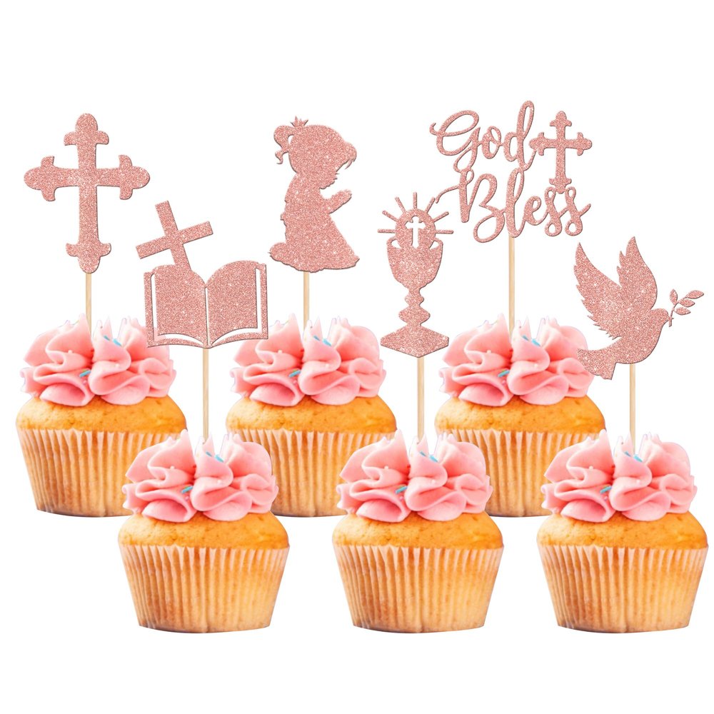 24 PCS Girl God Bless and Baptism Cupcake Toppers Glitter Dove Cross Cupcake Picks First Communion Christian Baptism Theme Baby Shower Girls Birthday Party Cake Decorations Supplies Rose Gold