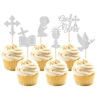 24 PCS Boy God Bless Cupcake Toppers Glitter Dove Chalice Bible Cross Cupcake Picks First Communion Cake Decorations for God Christian Baptism Theme Baby Shower Boys Birthday Party Silver