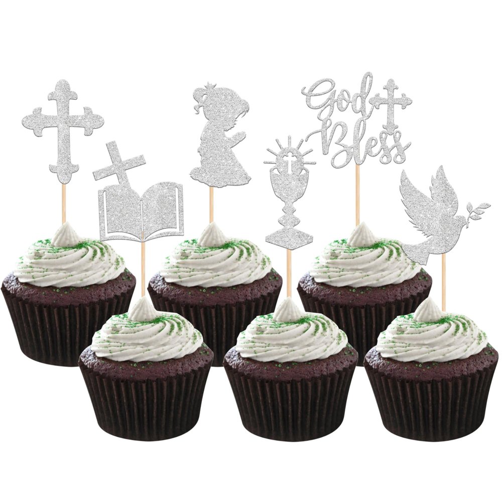 24 PCS Girl God Bless and Baptism Cupcake Toppers Glitter Dove Cross Cupcake Picks First Communion Cake Decorations for Christian Baptism Theme Baby Shower Girls Birthday Party Supplies Silver