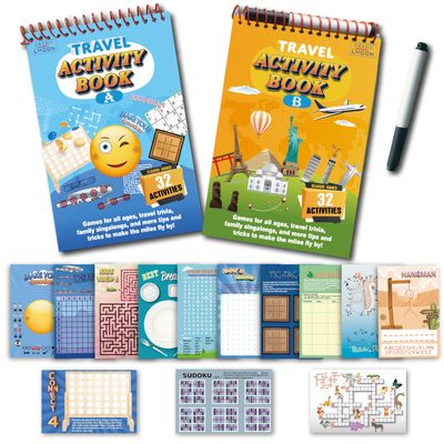 GRANDLMOON 2 Pack Reusable 32 Activity Game Mats Pads with Dry Erase Marker as Travel Toy & Learning Tool for Ages 6-12 (9X 6)