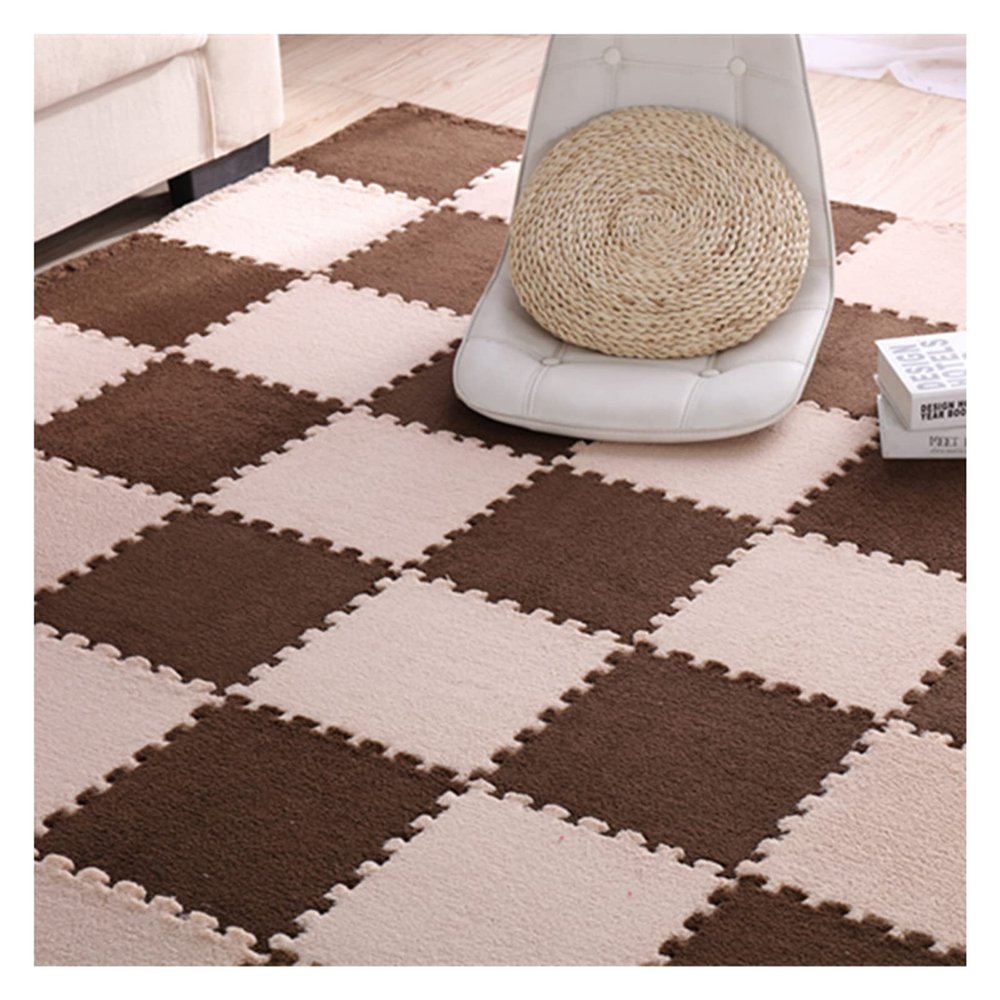 30 PCS Interlocking Foam Mats,Fluffy Carpet Tiles Plush Area Rug,12"X12" Interlocking Puzzle Floor Mat with Border,Soft Crawling Playmat Floor Tiles,Bedroom EVA Foam Mat,Coffee+Camel