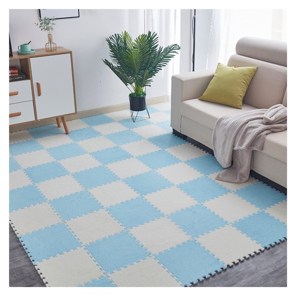 30 PCS Interlocking Foam Mats,Fluffy Carpet Tiles Plush Area Rug,12"X12" Interlocking Puzzle Floor Mat with Border,Soft Crawling Playmat Floor Tiles,Bedroom EVA Foam Mat,Light Blue+White