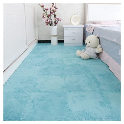 30 PCS Interlocking Foam Mats,Fluffy Carpet Tiles Plush Area Rug,12"X12" Interlocking Puzzle Floor Mat with Border,Soft Crawling Playmat Floor Tiles,Bedroom EVA Foam Mat,Lake Blue