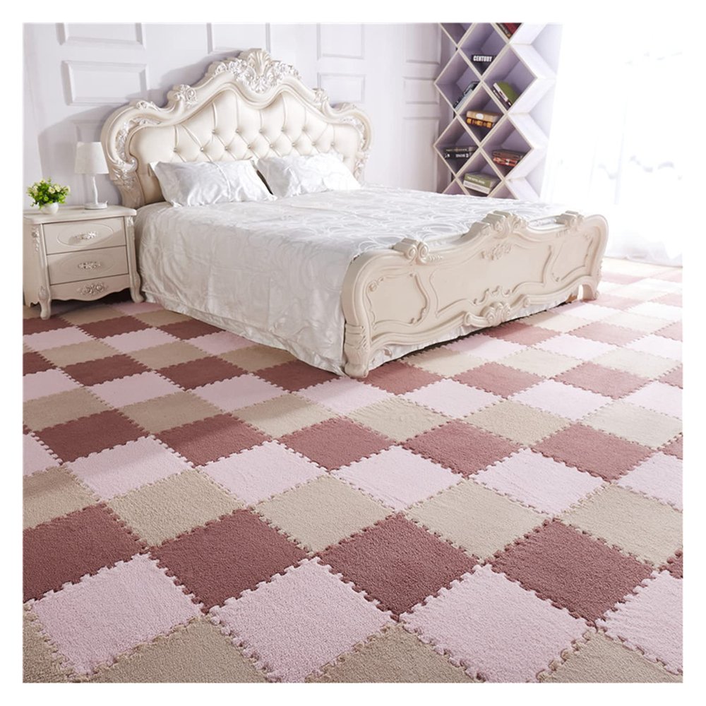 30 PCS Interlocking Foam Mats,Fluffy Carpet Tiles Plush Area Rug,12"X12" Interlocking Puzzle Floor Mat with Border,Soft Crawling Playmat Floor Tiles,Bedroom EVA Foam Mat,Light red+Pink+Camel