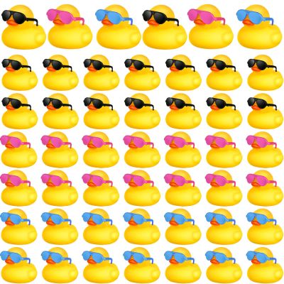 Chivao 48 Pcs Mini Rubber Ducks with Sunglasses in Bulk Small Duck Gift Bathtub Toys for Holiday Cruise Birthday Party Favor(Yellow, Blue, Pink, Black)