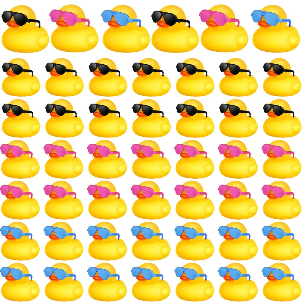 Chivao 48 Pcs Mini Rubber Ducks with Sunglasses in Bulk Small Duck Gift Bathtub Toys for Holiday Cruise Birthday Party Favor(Yellow, Blue, Pink, Black)