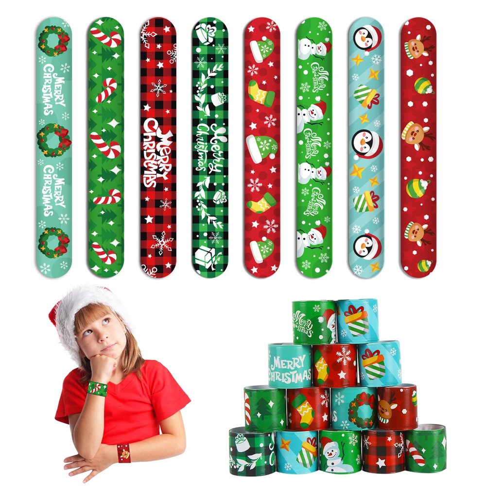 CCINEE 48Pcs Christmas Slap BraceletsXmas Slap Wristbands Assorted Pattern Snap Wristbands for Kids Christmas Party Favors Gift Bag Filler
