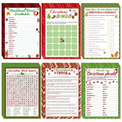 150 Sheets Christmas Bingo Game Xmas Holiday Winter Party Supplies Favors Word Scramble Games Word Search Game Funny Christmas Party Game Set for Classroom Prizes, 6 Styles