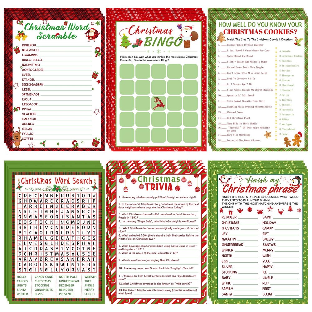 150 Sheets Christmas Bingo Game Xmas Holiday Winter Party Supplies Favors Word Scramble Games Word Search Game Funny Christmas Party Game Set for Classroom Prizes, 6 Styles