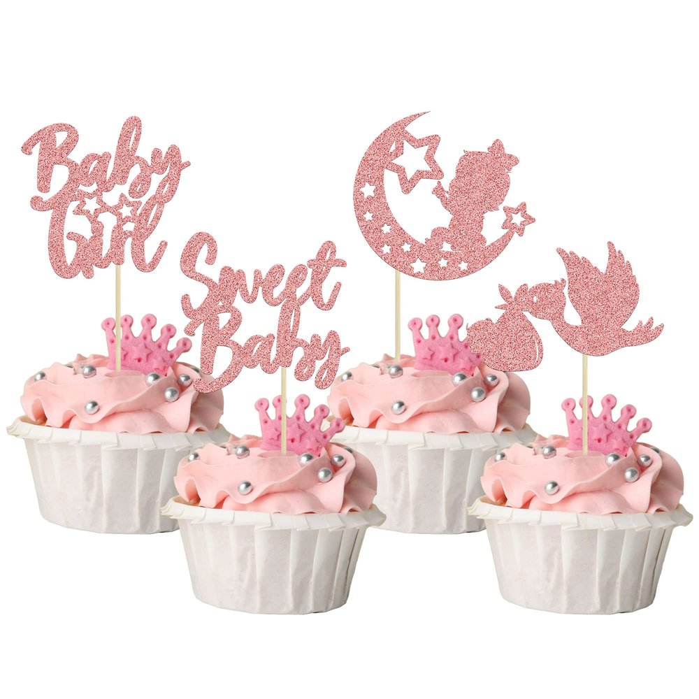 24Pcs Sweet Baby Girl Cupcake Toppers Rose Gold Glitter Moon Star Baby Shower Cupcake Picks Decorations for Gender Reveal Baby Shower Kids Girls Birthday Party Supplies