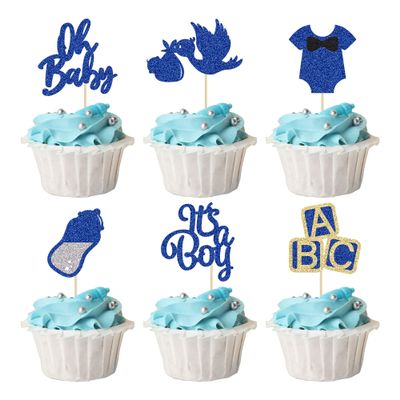 24Pcs Baby Shower Oh Baby Cupcake Toppers with Bow Onesie Bottle Boy Deep Blue Glitter Cake Picks Decorations for Baby Shower Gender Reveal It's a Boy Birthday Party Supplies