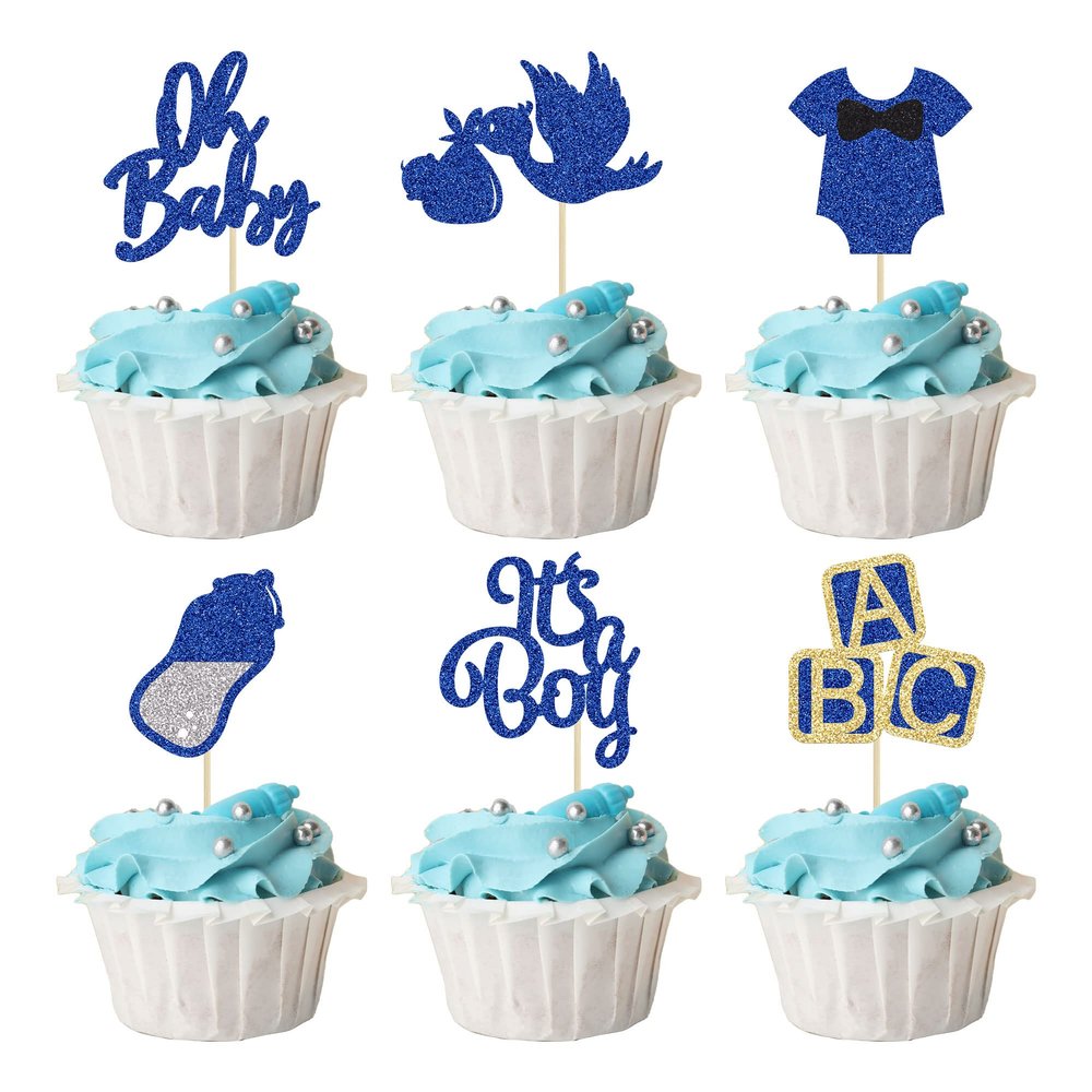 24Pcs Baby Shower Oh Baby Cupcake Toppers with Bow Onesie Bottle Boy Deep Blue Glitter Cake Picks Decorations for Baby Shower Gender Reveal It's a Boy Birthday Party Supplies