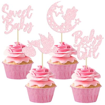24Pcs Sweet Baby Girl Cupcake Toppers Moon Star Light Pink Glitter Baby Shower Cupcake Picks Decorations for Gender Reveal Baby Shower Kids Girls Birthday Party Supplies