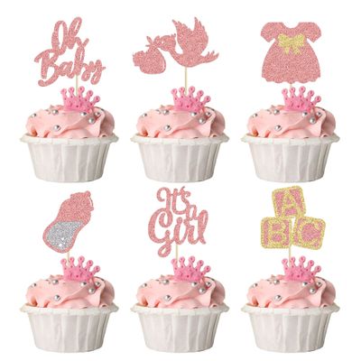 24Pcs Baby Shower Oh Baby Cupcake Toppers Rose Gold Glitter Bow Dress Bottle Swan It's a Girl Cake Picks Decorations for Baby Shower Gender Reveal Girls Birthday Party Supplies