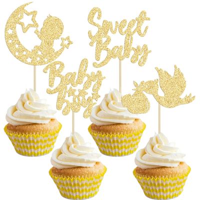 24Pcs Baby Boy Cupcake Toppers Gold Glitter Moon Star Sweet Baby Boy Cupcake Picks Decorations for Gender Reveal Baby Shower Kids Boys Birthday Party Supplies