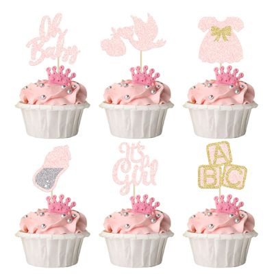 24Pcs Oh Baby Cupcake Toppers It's a Girl Cupcake Toppers with Bow Dress Bottle Swan Light Pink Glitter Babyshower Gender Reveal Cake Picks Decorations for Baby Shower Girl Birthday Party Supplies