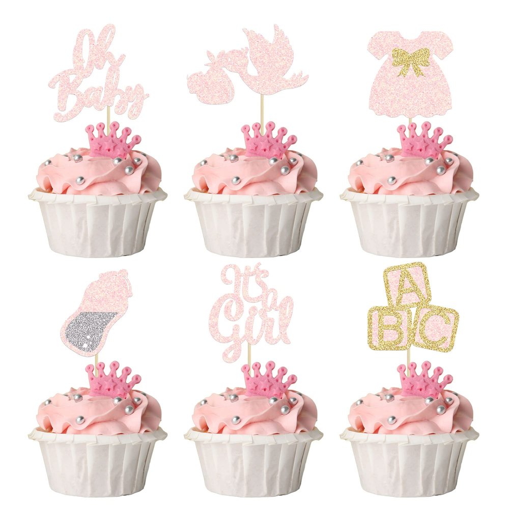 24Pcs Oh Baby Cupcake Toppers It's a Girl Cupcake Toppers with Bow Dress Bottle Swan Light Pink Glitter Babyshower Gender Reveal Cake Picks Decorations for Baby Shower Girl Birthday Party Supplies