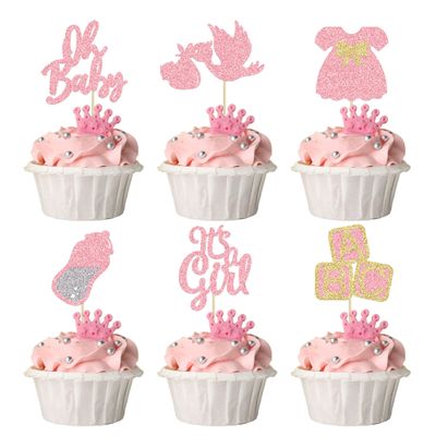 24Pcs Baby Shower Oh Baby Cupcake Toppers with Bow Dress Bottle Swan Pink Glitter It's a Girl Cake Picks Decorations for Baby Shower Gender Reveal Girls Birthday Party Supplies