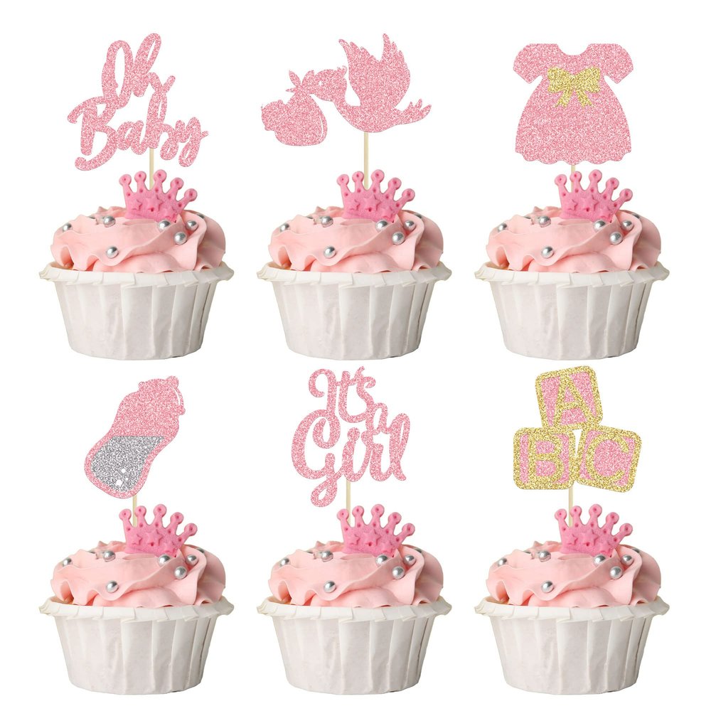24Pcs Baby Shower Oh Baby Cupcake Toppers with Bow Dress Bottle Swan Pink Glitter It's a Girl Cake Picks Decorations for Baby Shower Gender Reveal Girls Birthday Party Supplies