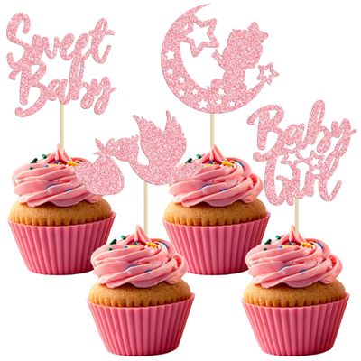 24Pcs Baby Girl Cupcake Toppers Pink Glitter Moon Star Sweet Baby Girl Cupcake Picks Decorations for Gender Reveal Baby Shower Kids Girls Birthday Party Supplies