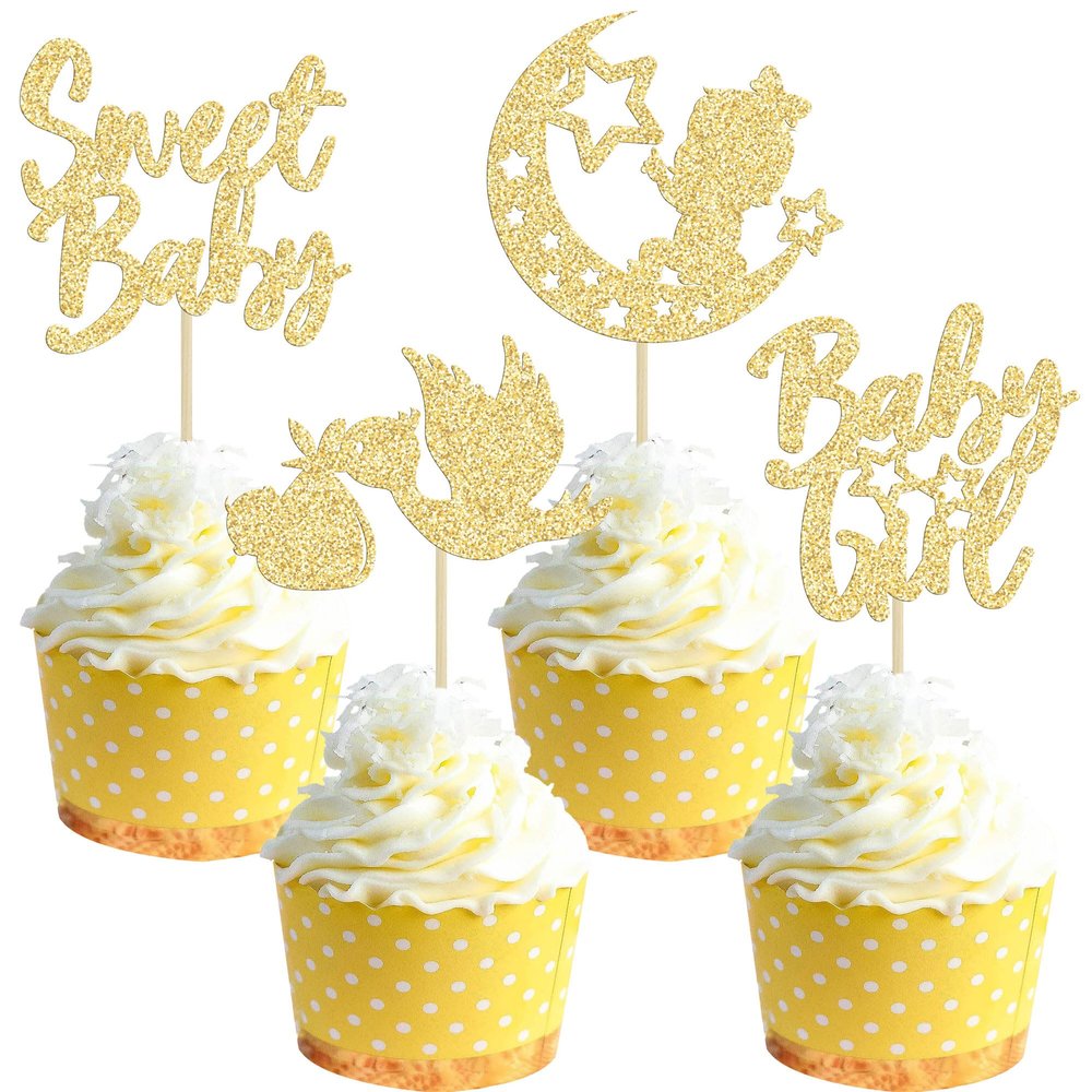 24Pcs Babyshower Girl Cupcake Toppers Glitter Moon Star Sweet Baby Gender Reveal Cupcake Picks Baby Shower Kids Girls Birthday Party Cake Decorations Supplies Gold