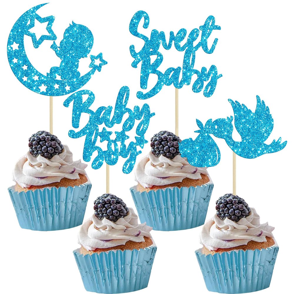 24Pcs Sweet Baby Boy Cupcake Toppers Blue Glitter Moon Star Baby Shower Cupcake Picks Decorations for Gender Reveal Baby Shower Kids Boys Birthday Party Supplies
