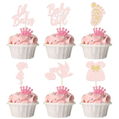 24Pcs Oh Baby Cupcake Toppers Baby Girl Cupcake Toppers with Bow Dress Footprint Swan Light Pink Glitter Babyshower Gender Reveal Cake Picks Decorations for Baby Shower Its a Girl Birthday Party