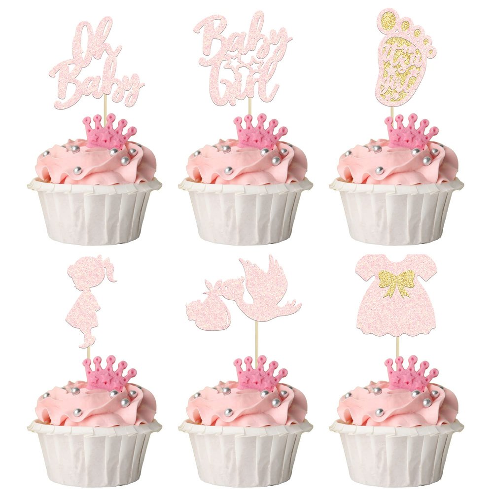 24Pcs Oh Baby Cupcake Toppers Baby Girl Cupcake Toppers with Bow Dress Footprint Swan Light Pink Glitter Babyshower Gender Reveal Cake Picks Decorations for Baby Shower Its a Girl Birthday Party