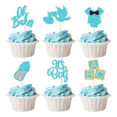 24Pcs Oh Baby Cupcake Toppers Blue Glitter It's a Boy Cupake Toppers with Swan Onesie Bottle Baby Shower Gender Reveal Cupcake Picks Decorations for Kids Boys Birthday Party Cake Decorations Supplies