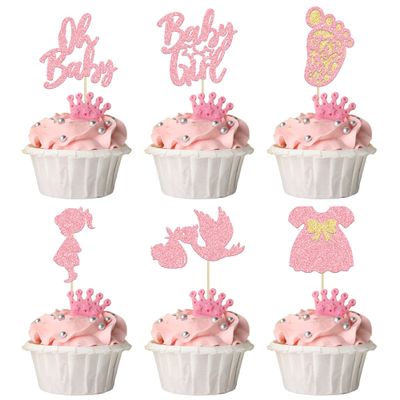 24Pcs Baby Shower Oh Baby Cupcake Toppers with Bow Dress Footprint Swan Pink Glitter Baby Girl Cake Picks Decorations for Baby Shower Gender Reveal Its a Girl Birthday Party Supplies