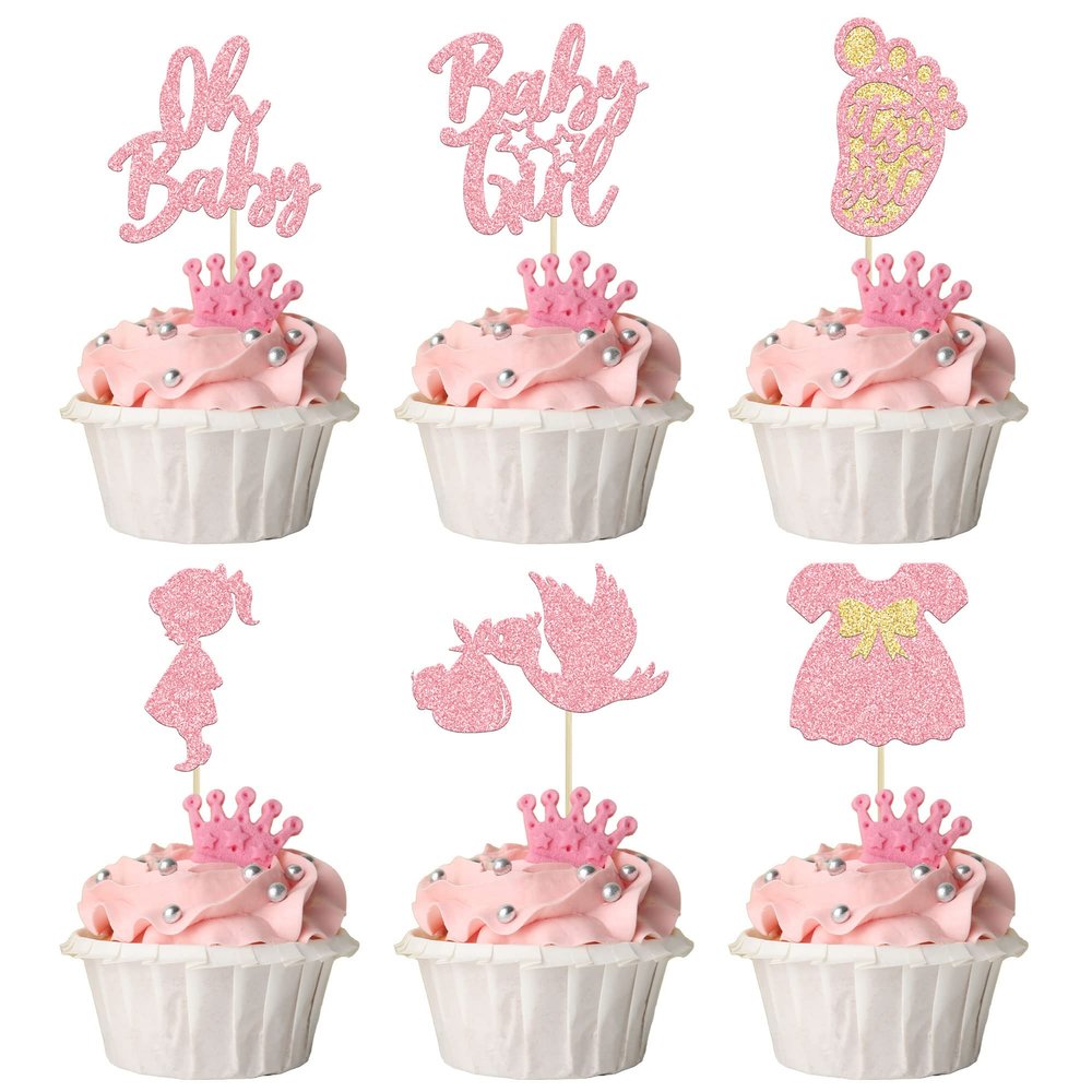 24Pcs Baby Shower Oh Baby Cupcake Toppers with Bow Dress Footprint Swan Pink Glitter Baby Girl Cake Picks Decorations for Baby Shower Gender Reveal Its a Girl Birthday Party Supplies
