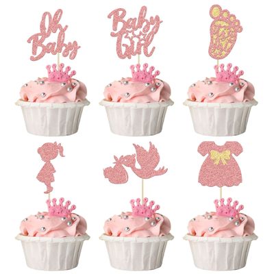 24Pcs Baby Shower Oh Baby Cupcake Toppers Rose Gold Glitter Bow Dress Footprint Swan Baby Girl Cake Picks Decorations for Baby Shower Gender Reveal Girls Birthday Party Supplies