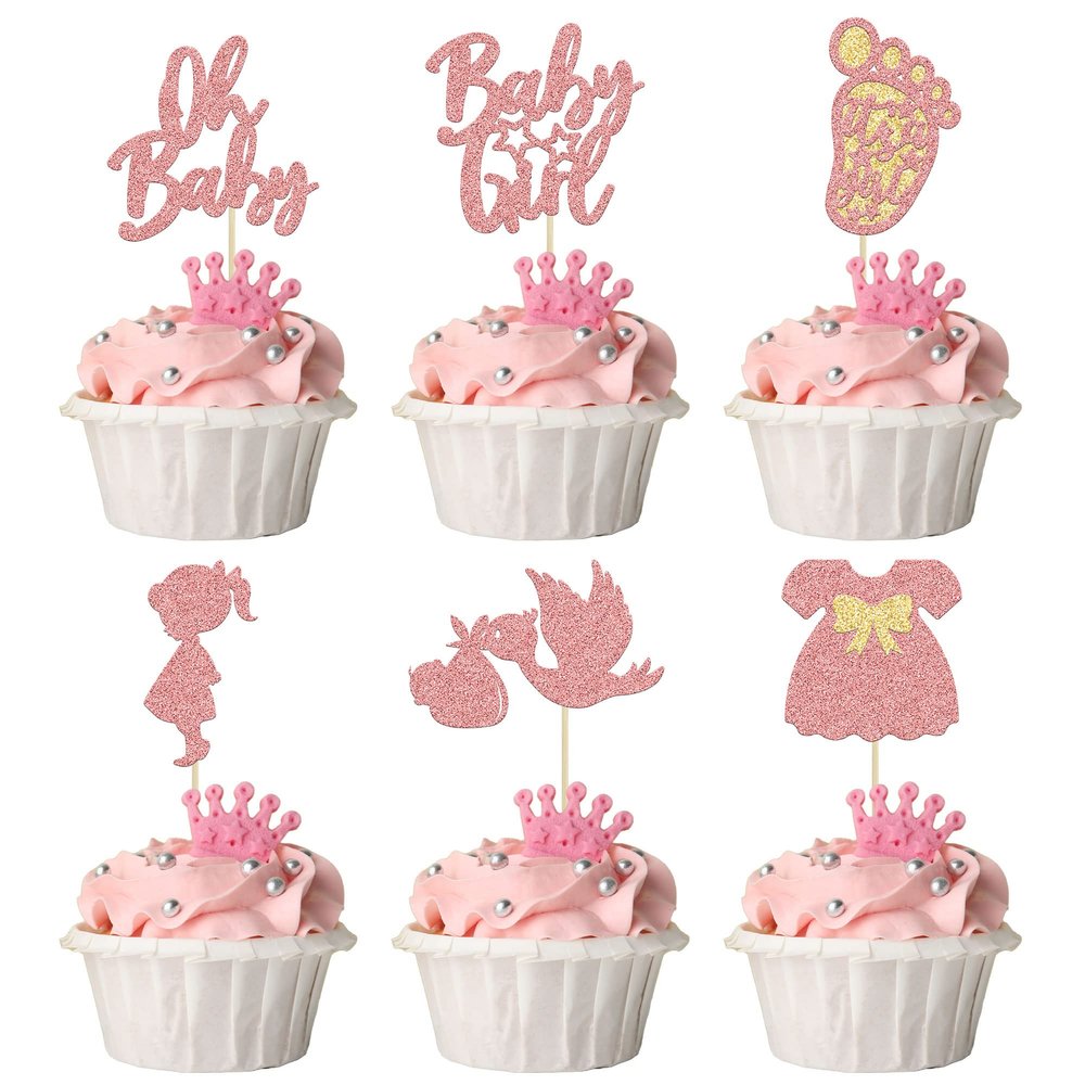 24Pcs Baby Shower Oh Baby Cupcake Toppers Rose Gold Glitter Bow Dress Footprint Swan Baby Girl Cake Picks Decorations for Baby Shower Gender Reveal Girls Birthday Party Supplies
