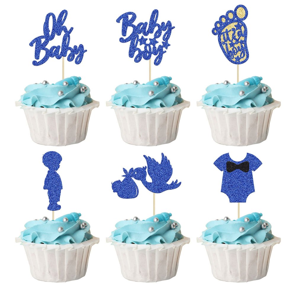 24Pcs Baby Shower Oh Baby Cupcake Toppers with Onesie Swan Baby Boy Footprint Deep Blue Glitter Cake Picks Decorations for Baby Shower Gender Reveal It's a Boy Birthday Party Supplies