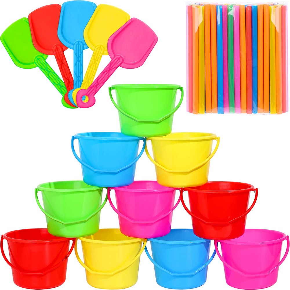 Sand Buckets and Shovels Set for Kids - Plastic Bucket Beach Pail with 100 Straws for Summer Holiday Party Favors(10 Sets)