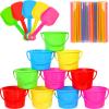 Sand Buckets and Shovels Set for Kids - Plastic Bucket Beach Pail with 100 Straws for Summer Holiday Party Favors(10 Sets) view 1