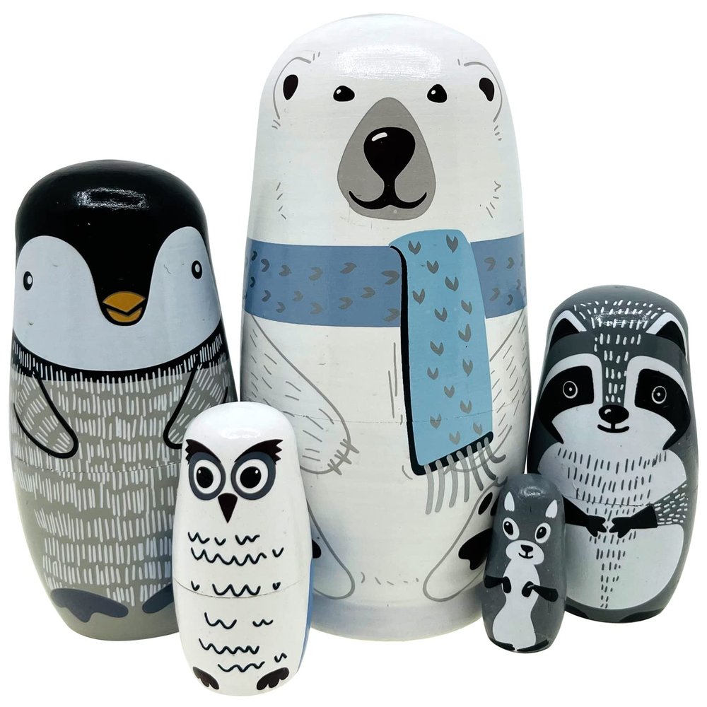 Lorveelo Polar Bear Nesting Dolls - Cute Animal Matryoshka Doll Handmade Wooden Dolls for Children Christmas Birthday Decoration Halloween Wishing Gift,Set of 5