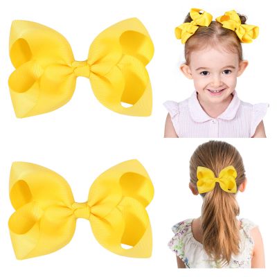 2 PCS 4.5" Hair Bows for Girls Alligator Clips Grosgrain Ribbon Solid Color Hair Accessories for Little Teen Toddler Girls Kids-Yellow