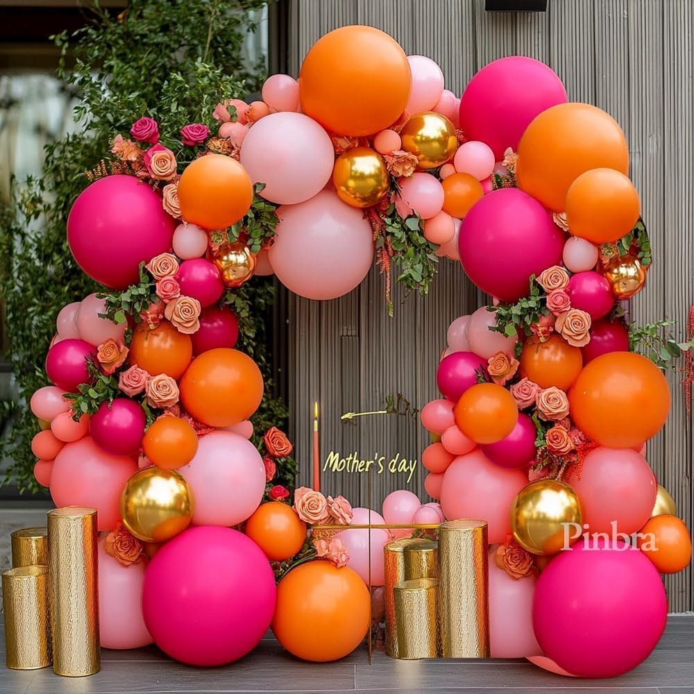 Pink Orange Balloon Garland Double Stuffed Hot Pink Orange Gold Metallic Pastel Balloon Arch Kit for Birthday Baby Bridal Shower Wedding Valentine Mother's Day Party Decorations