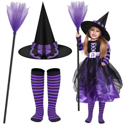 4 Pcs Halloween Fairytale Witch Cute Witch Costume Witch Hat Broom Tutu Striped High Stockings for Kids Girls(Purple, Small)