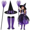 4 Pcs Halloween Fairytale Witch Cute Witch Costume Witch Hat Broom Tutu Striped High Stockings for Kids Girls(Purple, Small) view 1