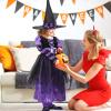 4 Pcs Halloween Fairytale Witch Cute Witch Costume Witch Hat Broom Tutu Striped High Stockings for Kids Girls(Purple, Small) view 4