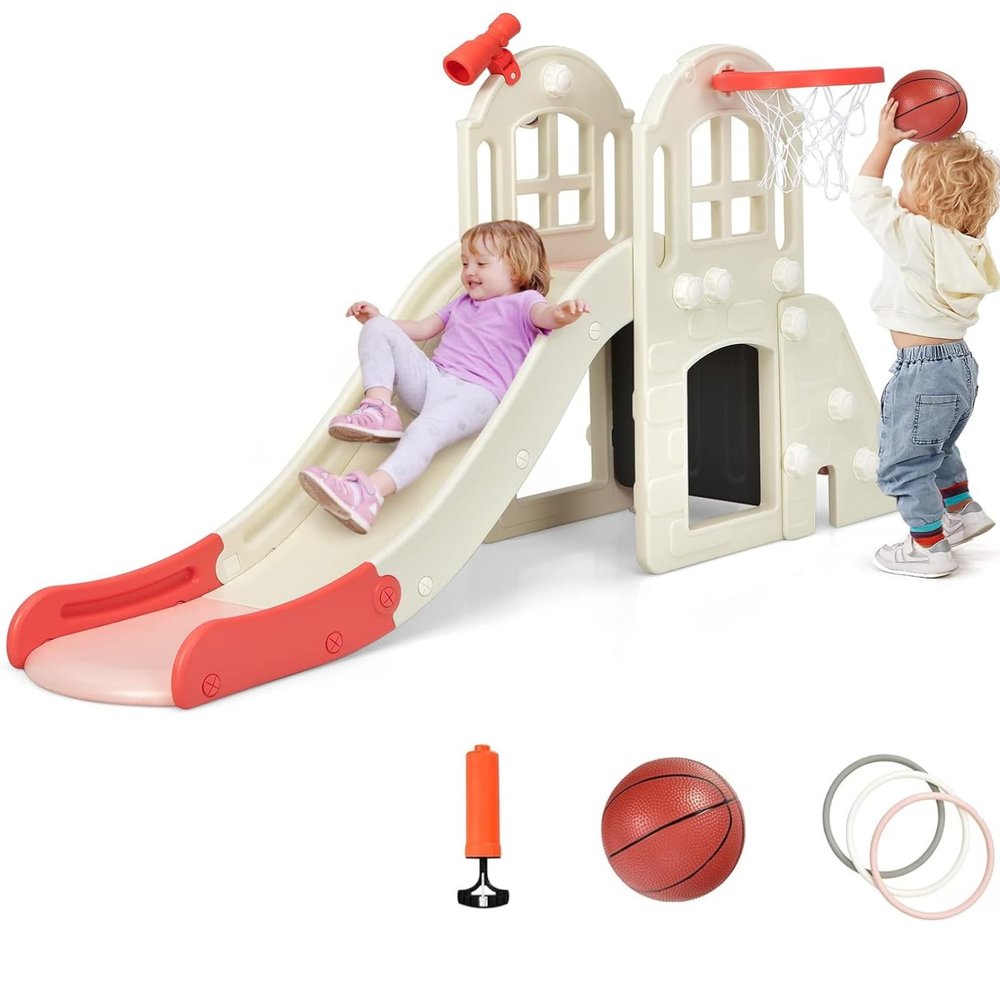 BABY JOY Toddler Large Slide, 6 in 1 Slide for Kids with Basketball Hoop, Ring Toss, 2 in 1 Convertible Climbing Way, Freestanding Kids Slide Climber Set for Indoors Outdoor Boys Girls Gifts Present